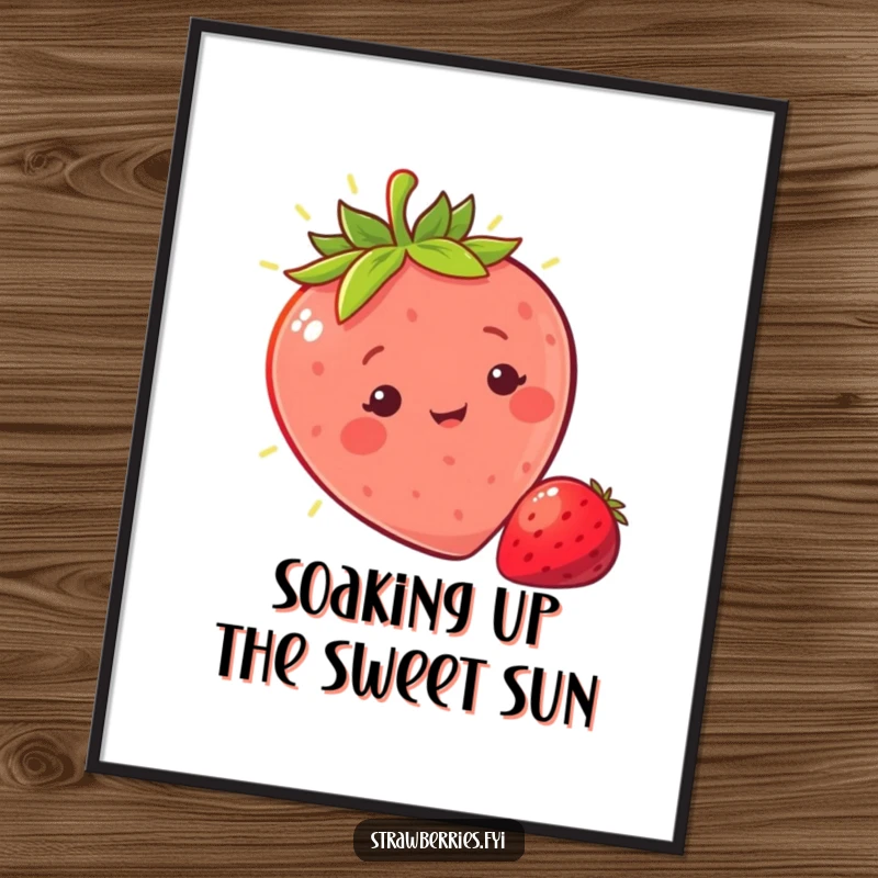 Free Printable Wall Art: A sunny strawberry character basking in a warm ray of light, glowing with happiness.