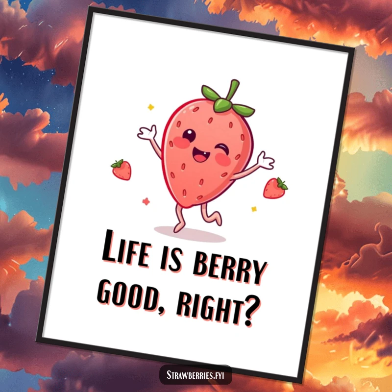 Funny Free Printable Wall Art of a smiling anthropomorphic strawberry happily dancing, bringing vibrant energy and humor to any room.