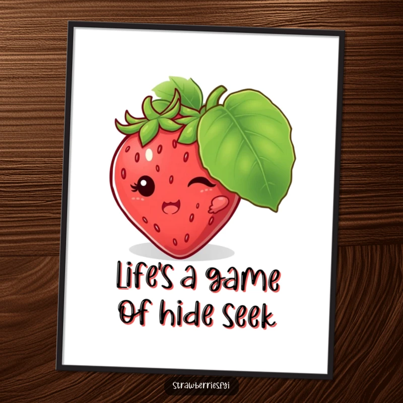 Funny Free Printable Wall Art featuring a mischievous strawberry character hiding behind a large leaf, adding playful intrigue to decor, a downloadable gift.