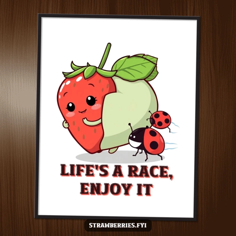 Funny Free Printable Wall Art featuring a strawberry character playfully racing a ladybug, bringing energy and fun to decor, a downloadable gift.