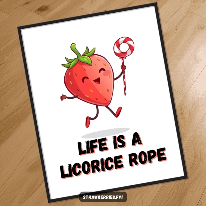Funny Free Printable Wall Art: Whimsical strawberry with tiny legs joyfully skipping rope with licorice string.