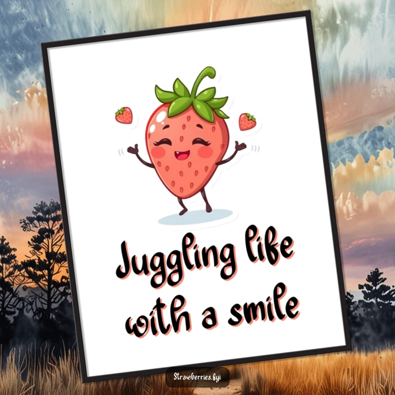 Funny Free Printable Wall Art: a giggling anthropomorphic strawberry juggling leaves with delightful skill, bringing whimsical charm.