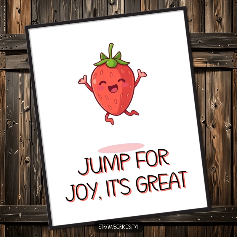 Funny Free Printable Wall Art: an anthropomorphic strawberry jumping for joy, radiating happiness and playful energy.