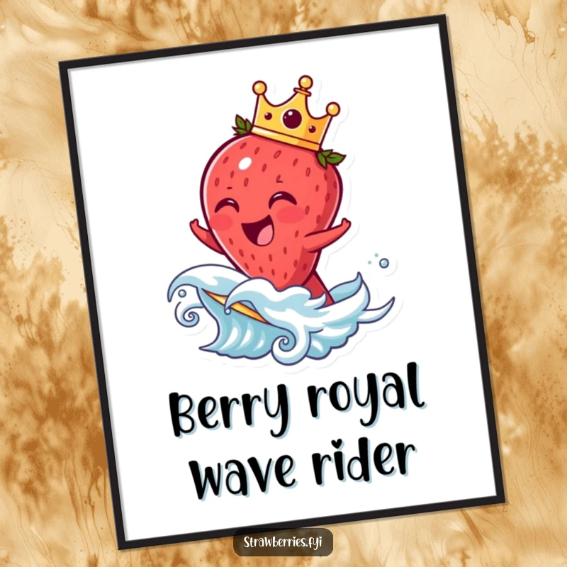 Funny Free Printable Wall Art of a laughing strawberry character with a tiny crown, riding a fruit wave with pure joy.
