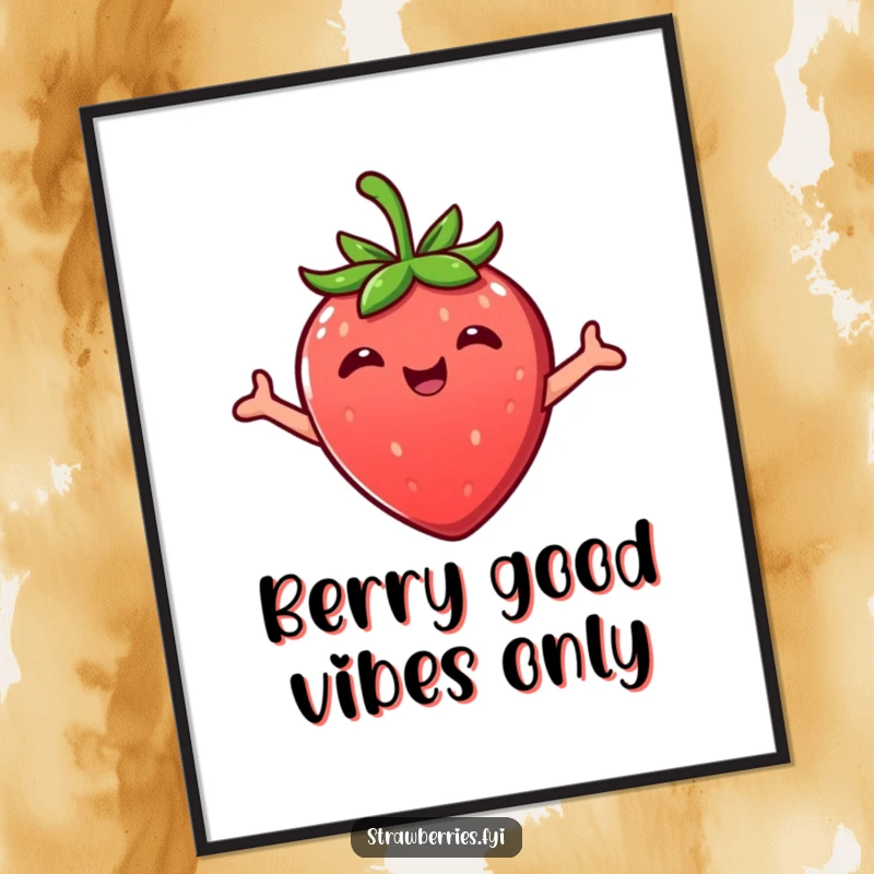 Funny Free Printable Kawaii strawberry character with arms outstretched, giving a happy embrace in this charming downloadable wall art.