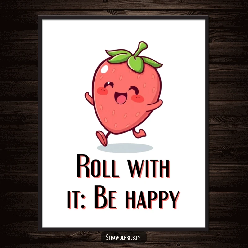 Funny Free Printable Kawaii strawberry character rolling with glee, creating joyful and humorous downloadable wall art.