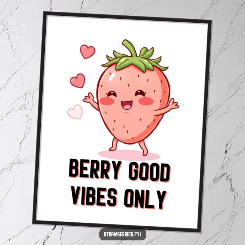 Funny Free Printable Wall Art: A happy anthropomorphic strawberry is captured mid-shimmy, radiating pure joy and fruity fun.