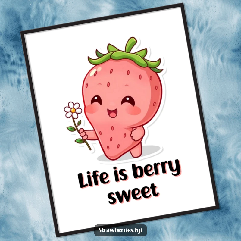 Funny free printable wall art featuring a beaming strawberry character enthusiastically offering a tiny, delicate flower.