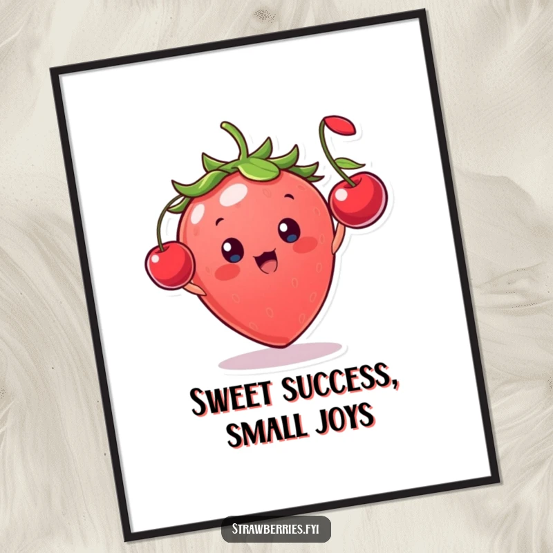 Funny Free Printable Wall Art: A strawberry character with immense glee throws a miniature cherry high in the air.