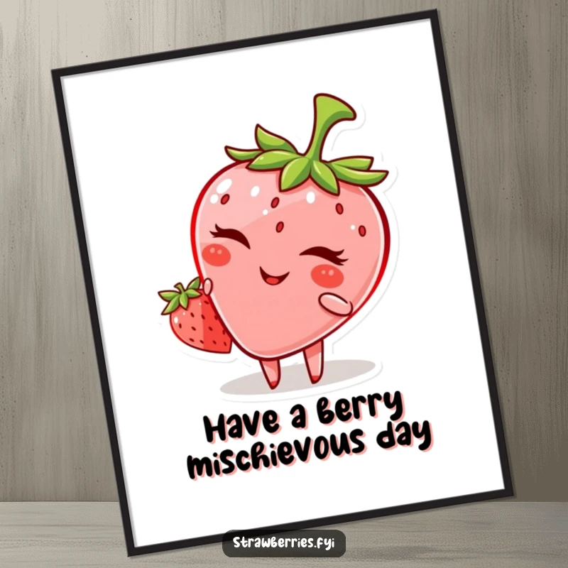 Funny Free Printable Wall Art: a mischievous anthropomorphic strawberry winking playfully, adding a touch of cheeky charm to any space.