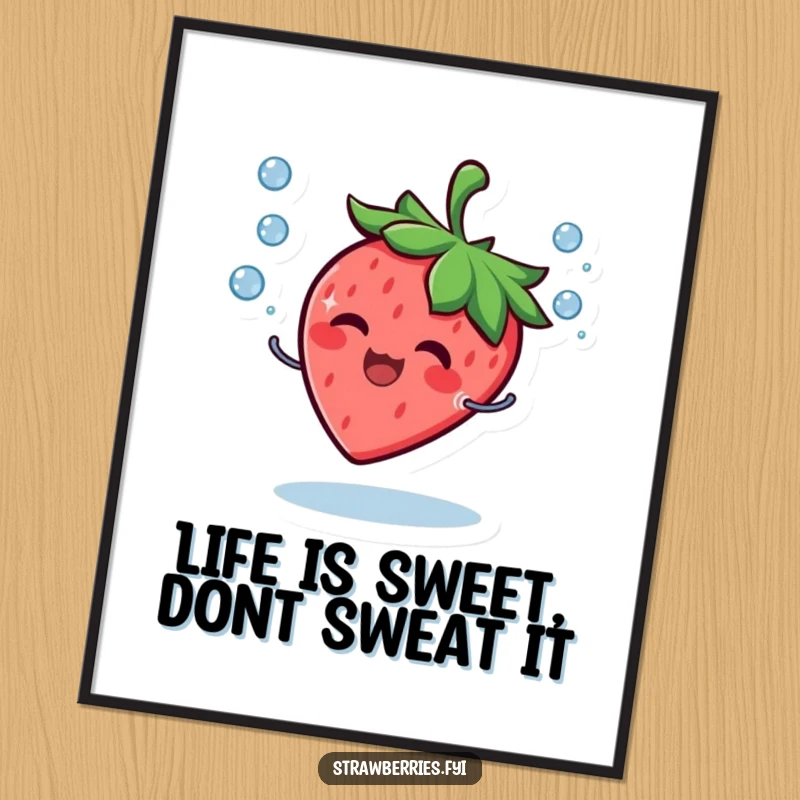 Funny Free Printable Wall Art: A giggling strawberry character playfully juggles tiny water droplets with a big smile.