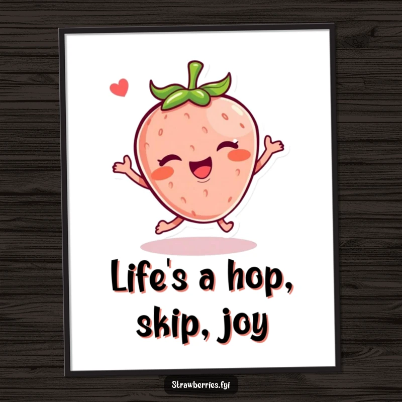 Funny Free Printable Kawaii strawberry character doing a joyful hop with a wink, creating energetic and fun downloadable wall art.