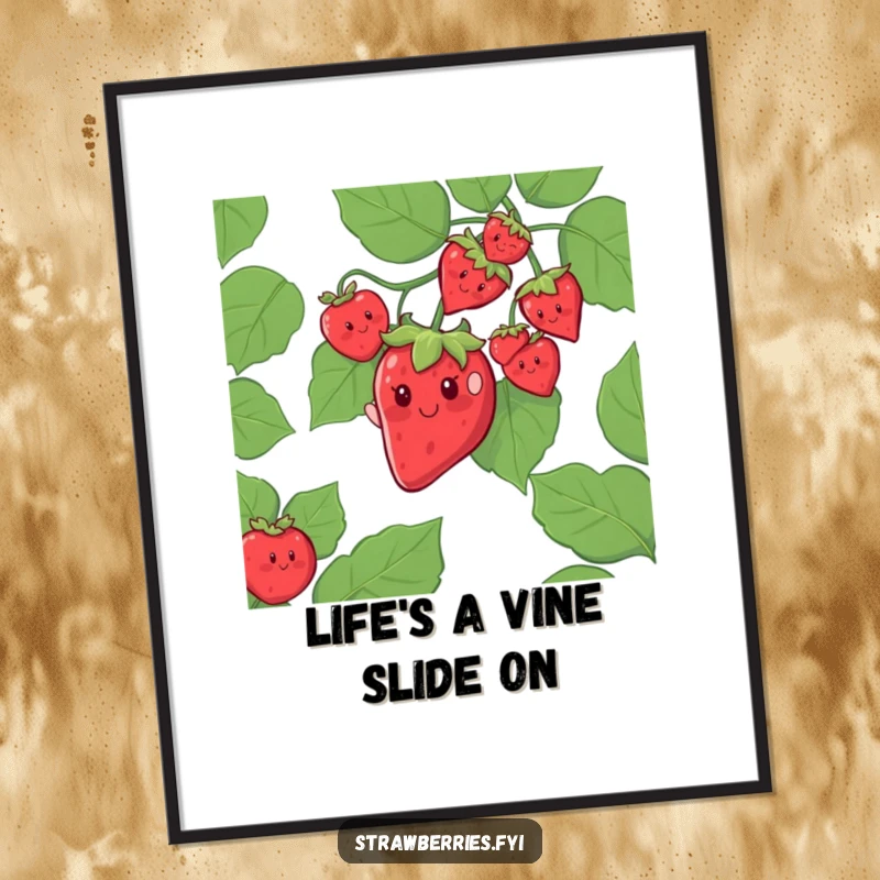Funny Free Printable Wall Art of a cheerful strawberry character enjoying an exciting slide down a massive leafy vine.