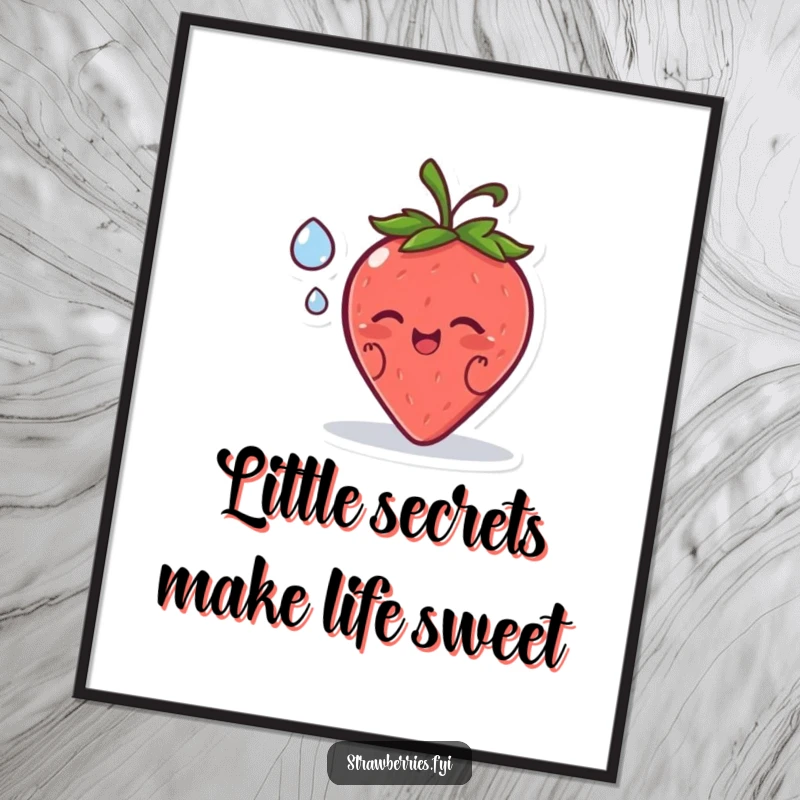 Funny Free Printable Wall Art featuring a happy strawberry character sharing a secret with a dewdrop, adding gentle mystery to decor, a downloadable gift.