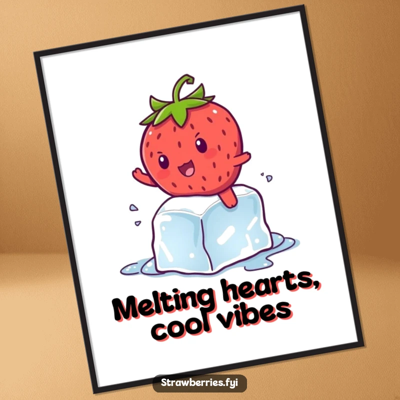 Funny Free Printable Wall Art: Adorable kawaii strawberry character hilariously attempts to surf a melting ice cube, looking amused.