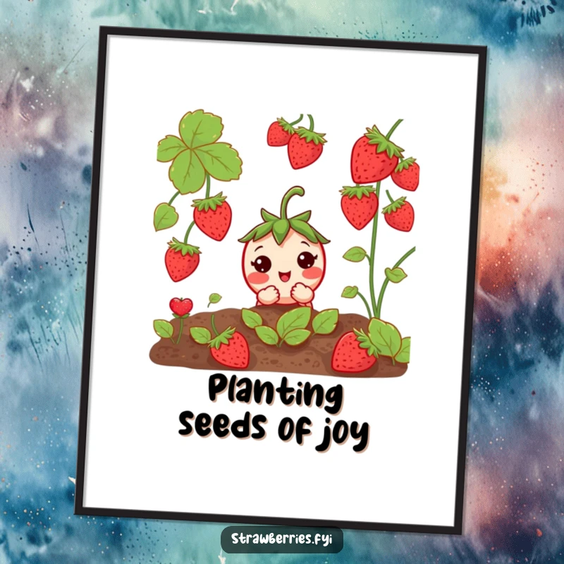 Funny Free Printable Wall Art: A curious anthropomorphic strawberry peeks from a lush garden patch, inviting wonder and charm.