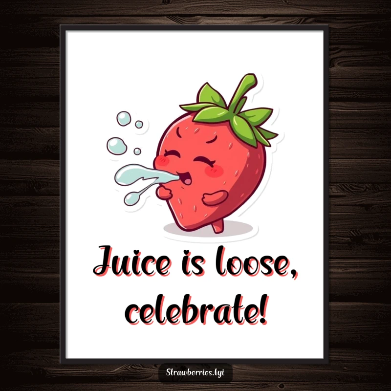 Funny free printable wall art of a mischievous strawberry character playfully squirting a stream of juice with a cheeky, energetic look.