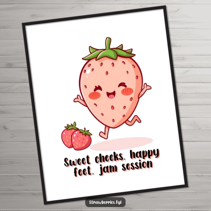 Funny Free Printable wall art of a delighted kawaii strawberry character with rosy cheeks doing an energetic, happy hop.