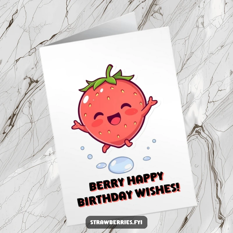 Funny Free Printable Birthday Card: Joyous kawaii strawberry character leaping over a dewdrop, celebrating with sweetness.