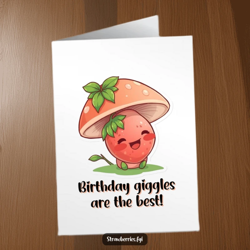 Funny Free Printable Birthday Card with a giggling strawberry character peeking playfully from under a mushroom, a fun DIY gift.