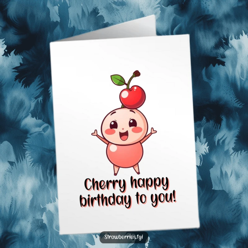 Funny Free Printable Birthday Card: A cute cherry character happily bobbling its head with a big smile.