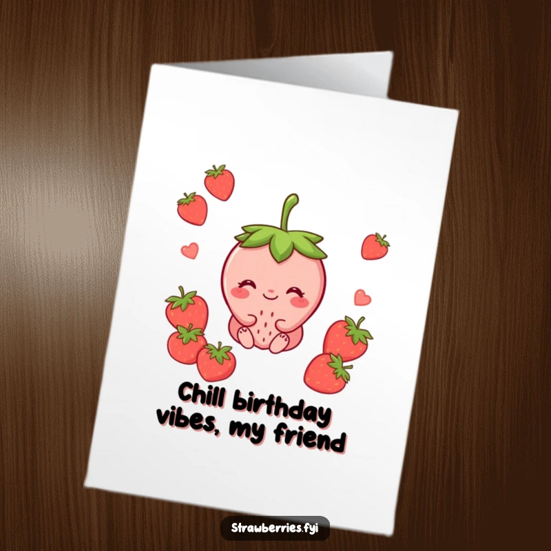 Funny free printable birthday card showing a peaceful strawberry sitting with a content smile, radiating calm joy.