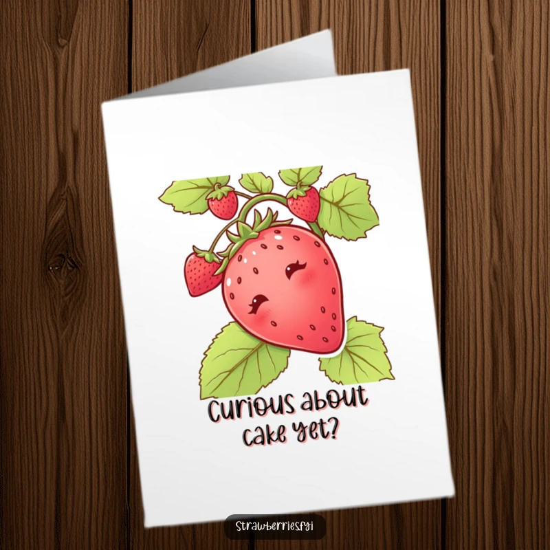 Funny free printable birthday card: A curious strawberry's face peeking out from behind a green vine, full of intrigue.