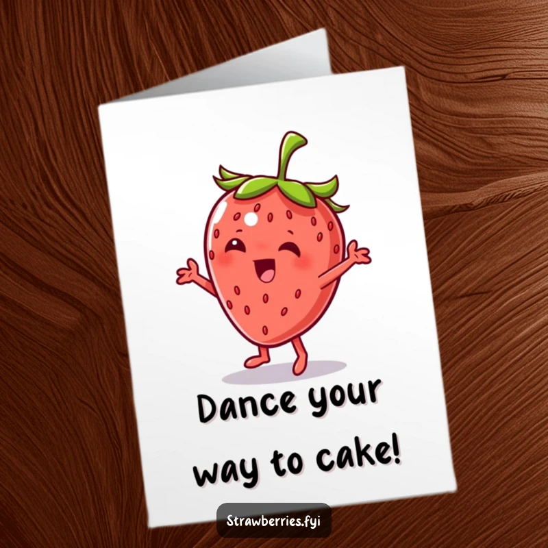 Funny Free Printable Birthday Card: A strawberry character dancing with a jaunty tilt and a cool, stylish vibe.