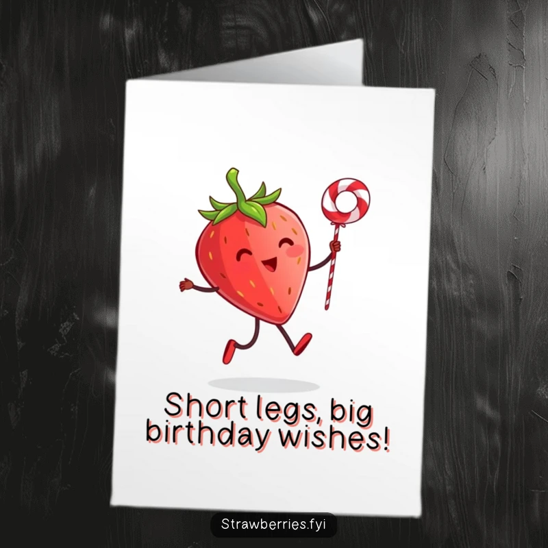 Funny Free Printable Birthday Card: Tiny-legged strawberry gleefully skipping rope with licorice, a whimsical celebration.