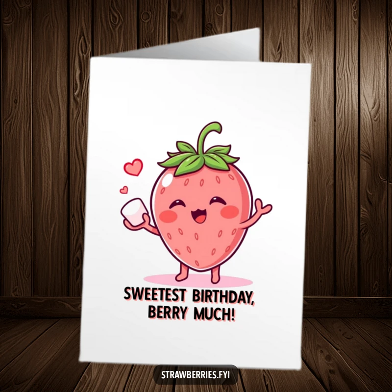 Funny Free Printable Birthday Card: A giggling strawberry character skillfully juggles a tiny sugar cube with delight.