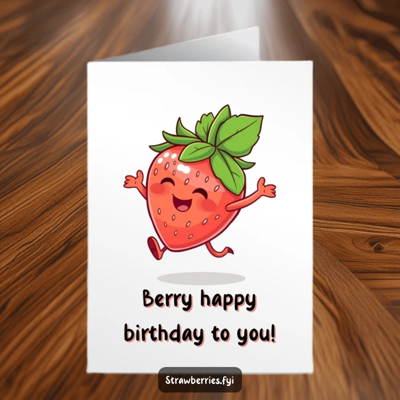 Funny Free Printable Birthday Card: A happy strawberry character with a leafy crown hopping joyfully, celebrating.