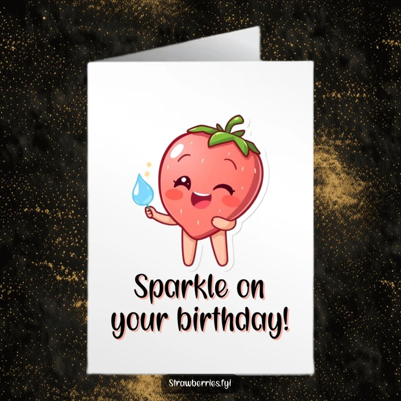Funny Free Printable Birthday Card: A cheerful strawberry character joyfully holding a large, sparkling dewdrop, radiating happiness.