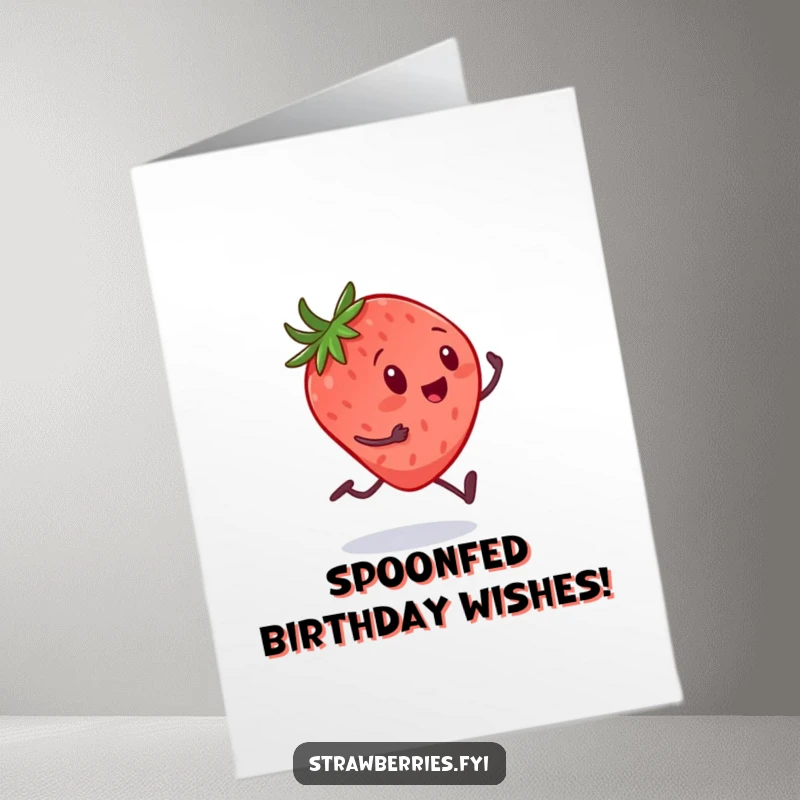 Funny Free Printable Birthday Card: A strawberry with tiny legs sprints excitedly towards a comically large spoon.