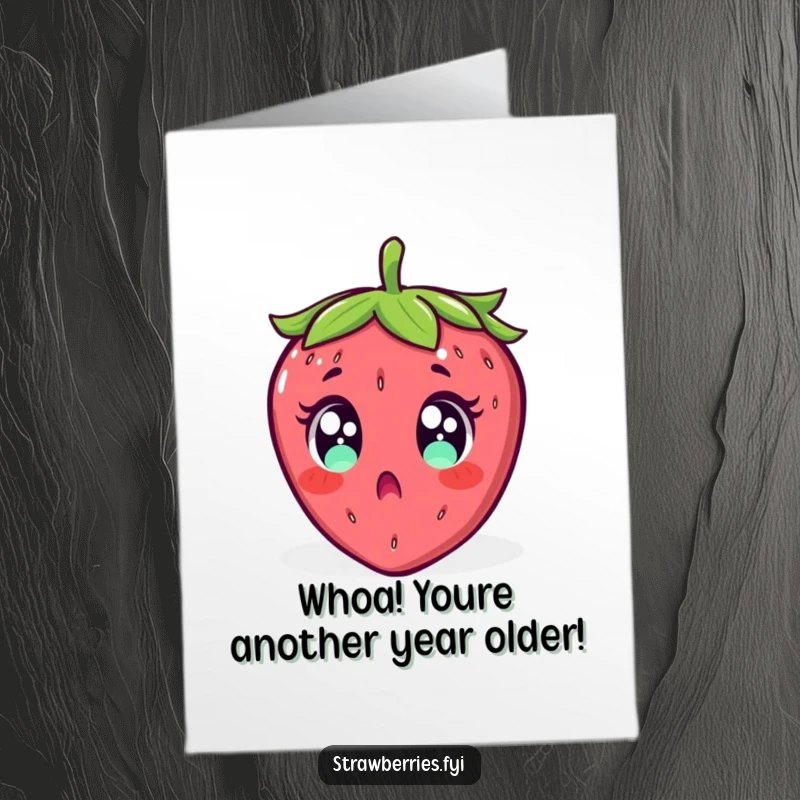 Funny free printable birthday card: A strawberry looking utterly surprised with wide eyes, comically falling backward.