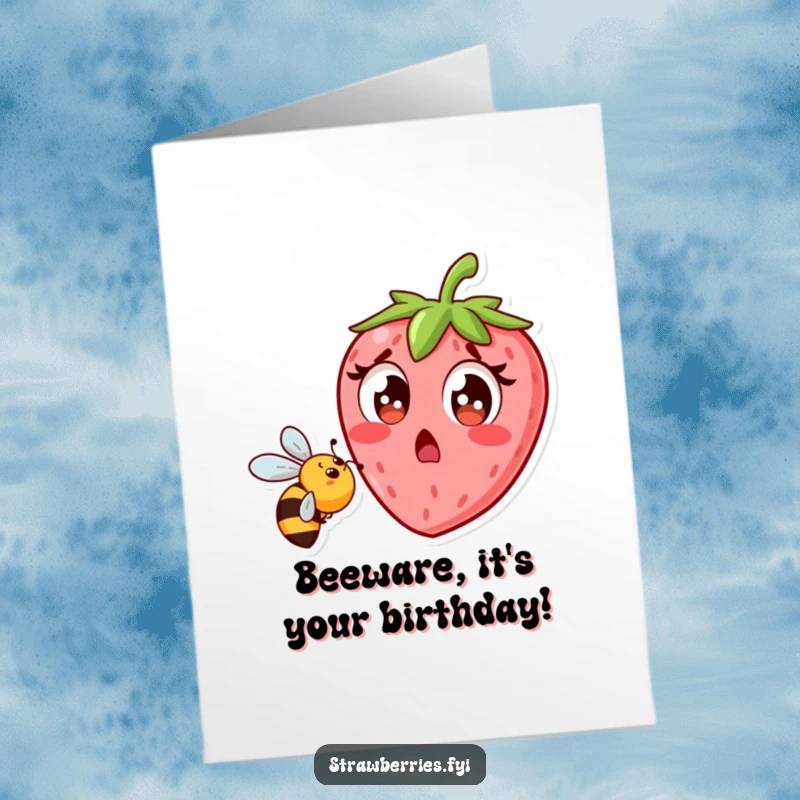 Funny Free Printable Birthday Card: Strawberry recoiling from a bee, wide-eyed surprise, perfect for a humorous DIY gift.