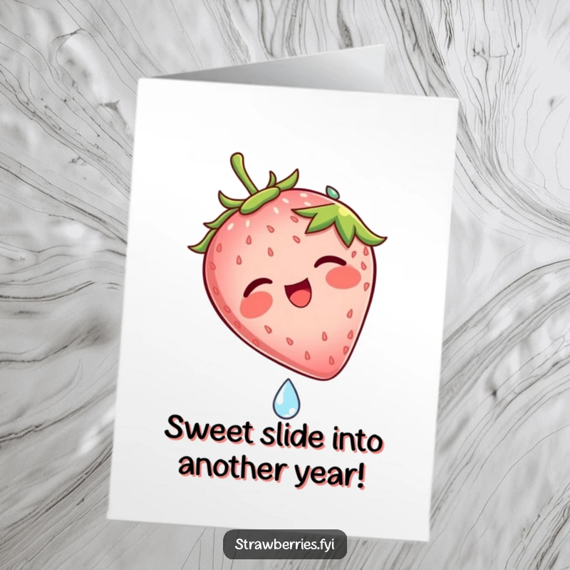 Funny Free Printable Birthday Card: Strawberry gleefully slides down a glistening dew drop, pure joy etched on its face.