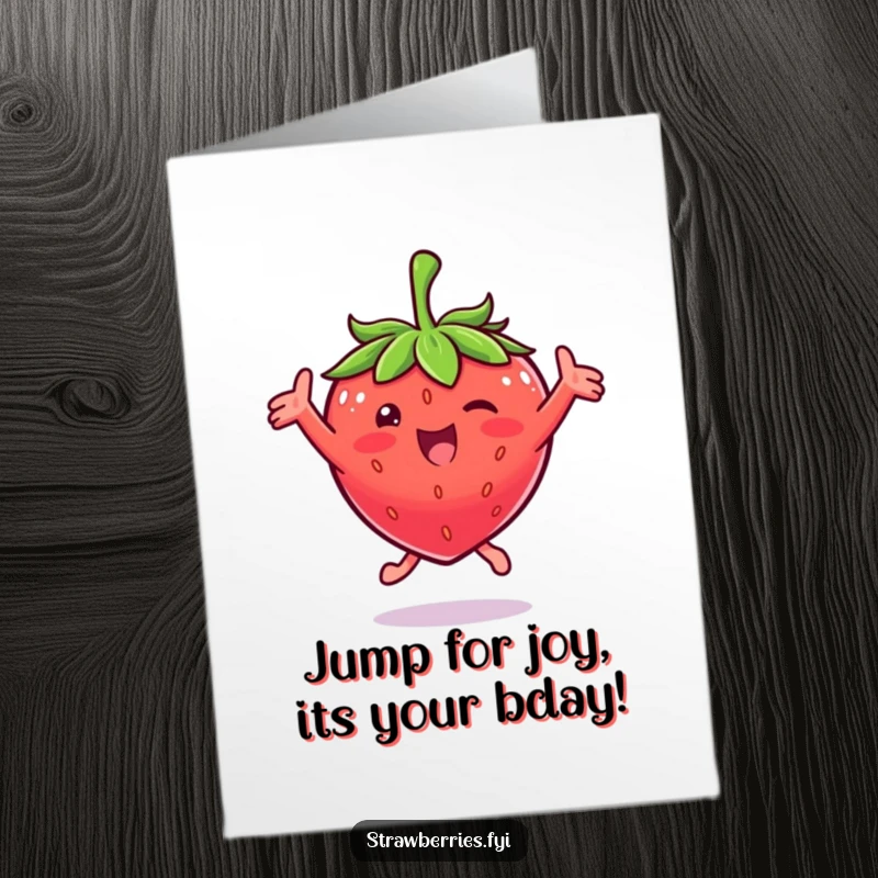 Funny Free Printable Birthday Card: A strawberry character joyfully jumping with arms wide open in pure delight.