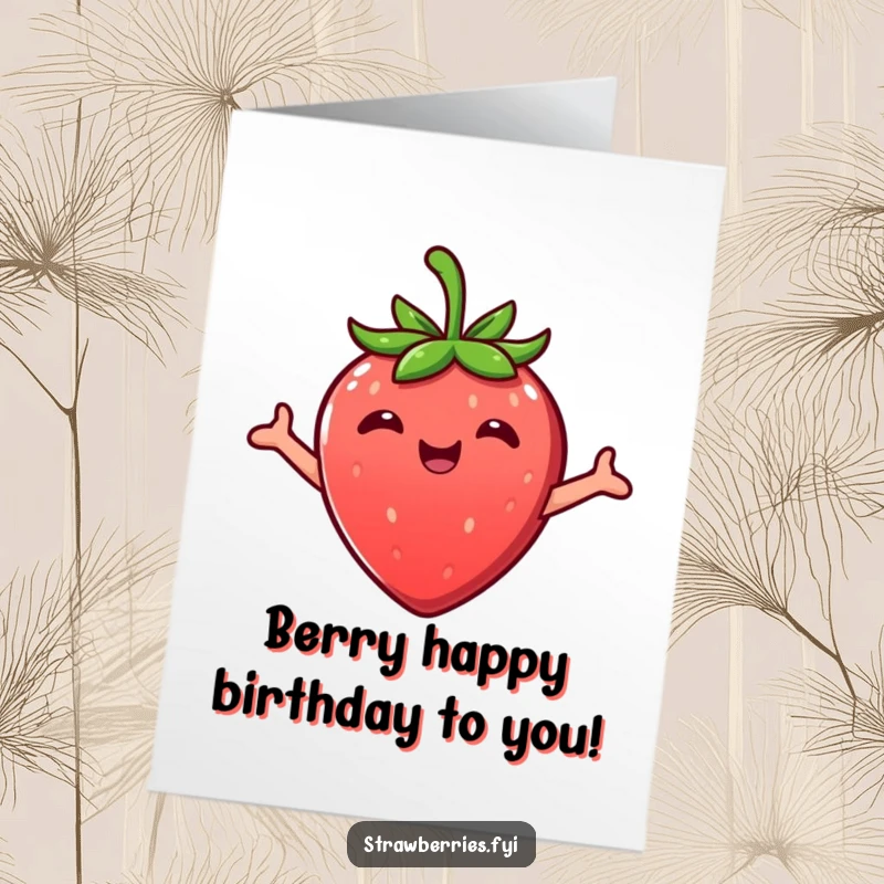 Funny Free Printable Kawaii strawberry character with arms outstretched, offering a delightful birthday hug. A sweet and downloadable card.