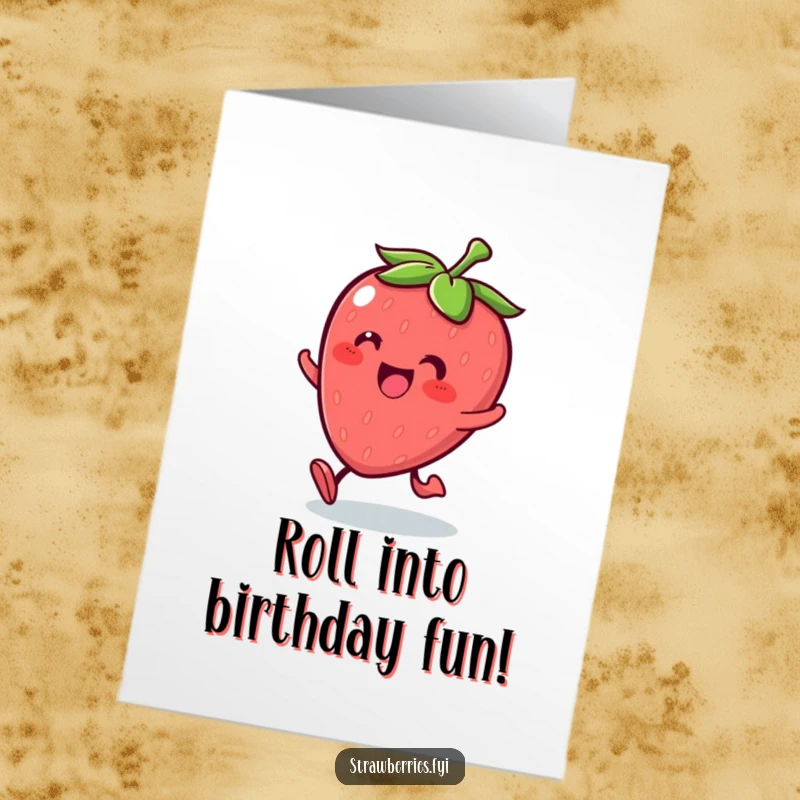 Funny Free Printable Kawaii strawberry character rolling with glee, perfect for a hilariously happy birthday card.
