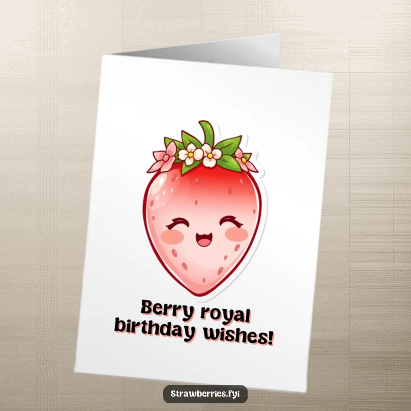 Free Printable Birthday Card: A delighted strawberry character wearing a tiny flower petal crown, looking royally happy.