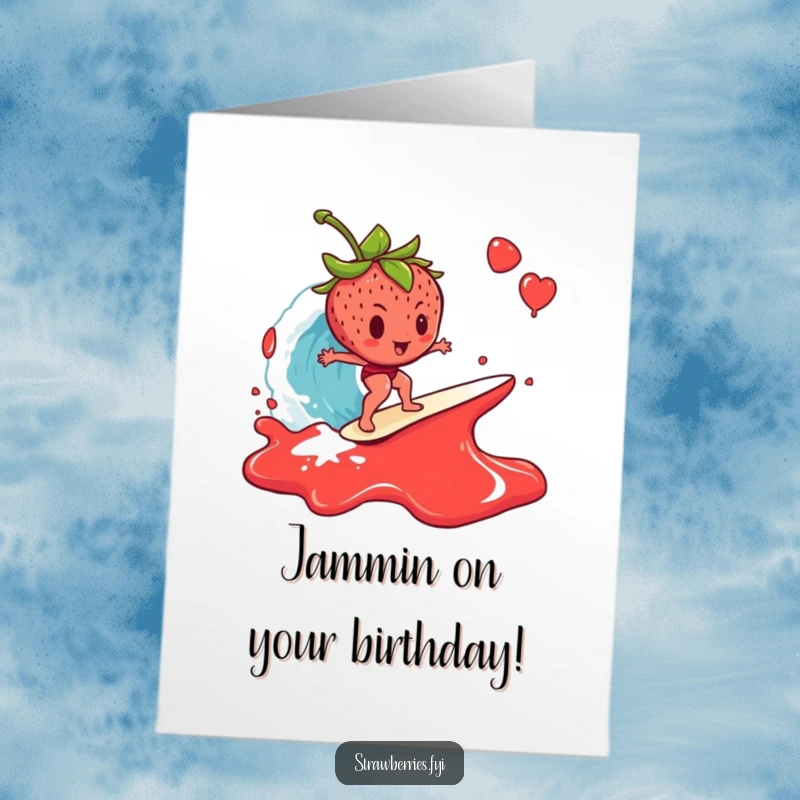 Funny free printable birthday card: A determined strawberry attempts to surf on a large, cresting wave made of sticky jam.