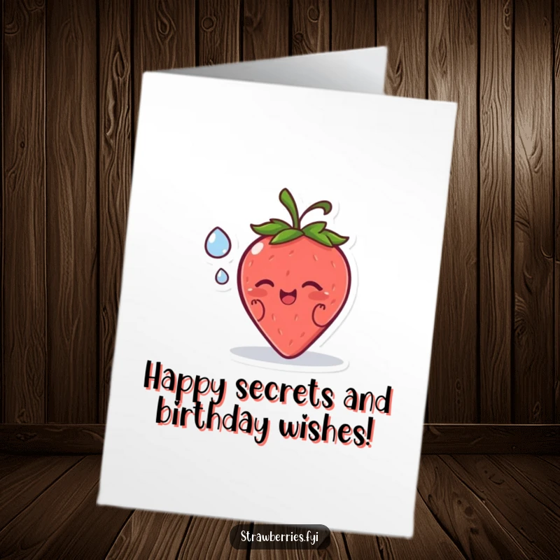Funny Free Printable Birthday Card with a happy strawberry character sharing a secret with a dewdrop, a delightful DIY gift.