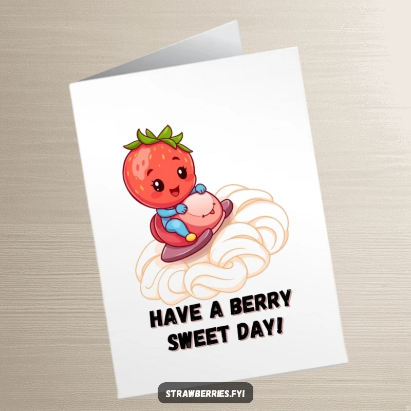 Funny free printable birthday card: A cheerful strawberry speeds down a ramp made of whipped cream, embodying birthday fun.