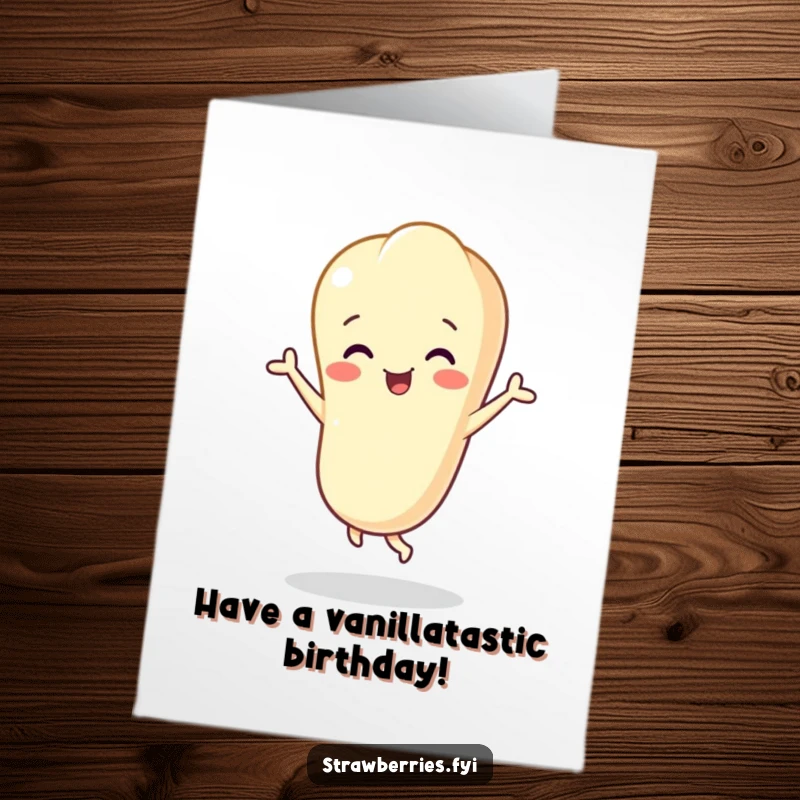 Funny Free Printable Birthday Card: Cheerful vanilla bean character doing a happy dance, celebrating joyfully.