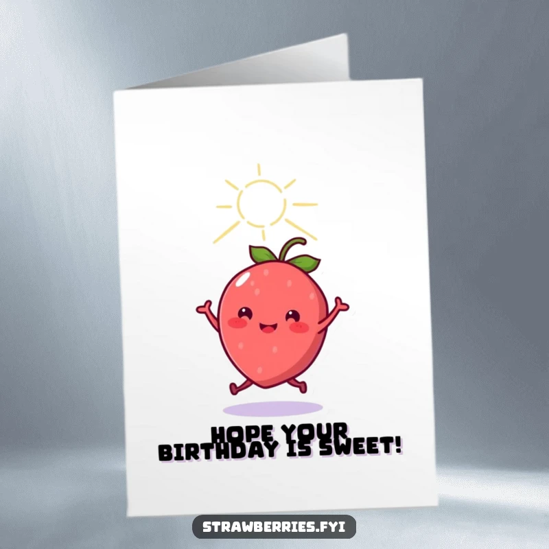 Funny Free Printable birthday card featuring a happy kawaii strawberry dancing joyfully under a bright sunbeam.