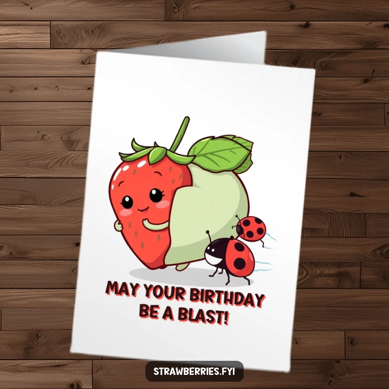 Funny Free Printable Birthday Card showing a strawberry character playfully racing a ladybug, full of joy, a great DIY gift.