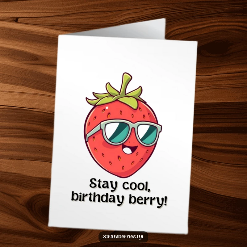 Funny Free Printable Birthday Card: Strawberry character giggling wildly, wearing cool tiny sunglasses, ready to party.