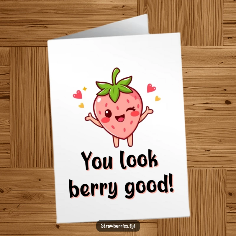 Funny free printable birthday card featuring a strawberry character striking a celebratory pose and giving a charming wink.