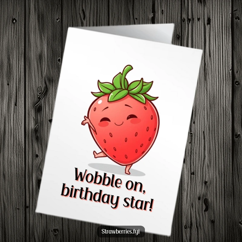 Funny free printable birthday card illustration of a wobbly strawberry trying to strike a graceful pose, looking hilariously off-balance.