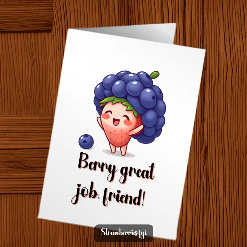 Funny Free Printable Congratulations Card: A small strawberry character gleefully tries on a massive blueberry as a festive hat.
